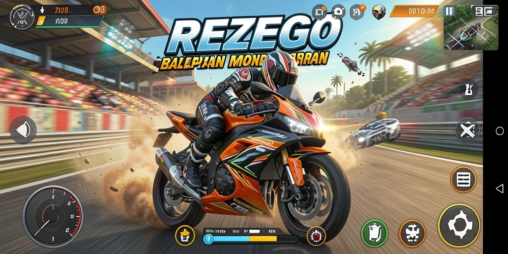 Screenshot gameplay REZEGO menampilkan balapan motor yang memukau.