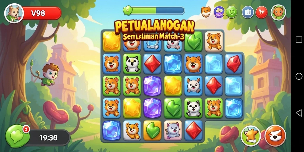 Screenshot gameplay V98 menampilkan aksi seru permainan Match-3.