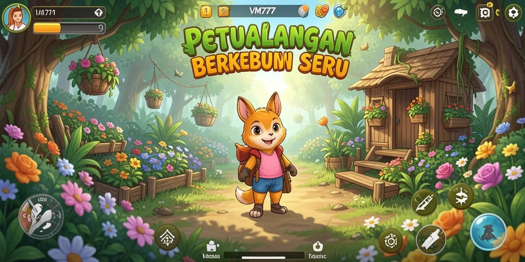 Tampilan gameplay VM777 memperlihatkan aktivitas berkebun yang seru.